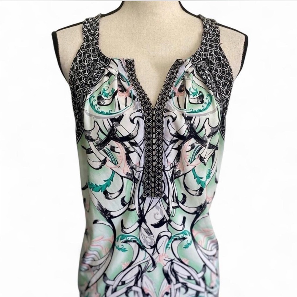 White House Black Market Black, Mint & Pink Printed Sleeveless Tank